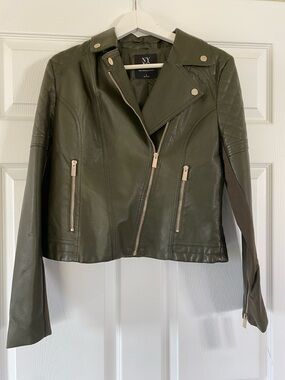 NY Collection Olive Moto Faux Leather Jacket with Gold Hardware